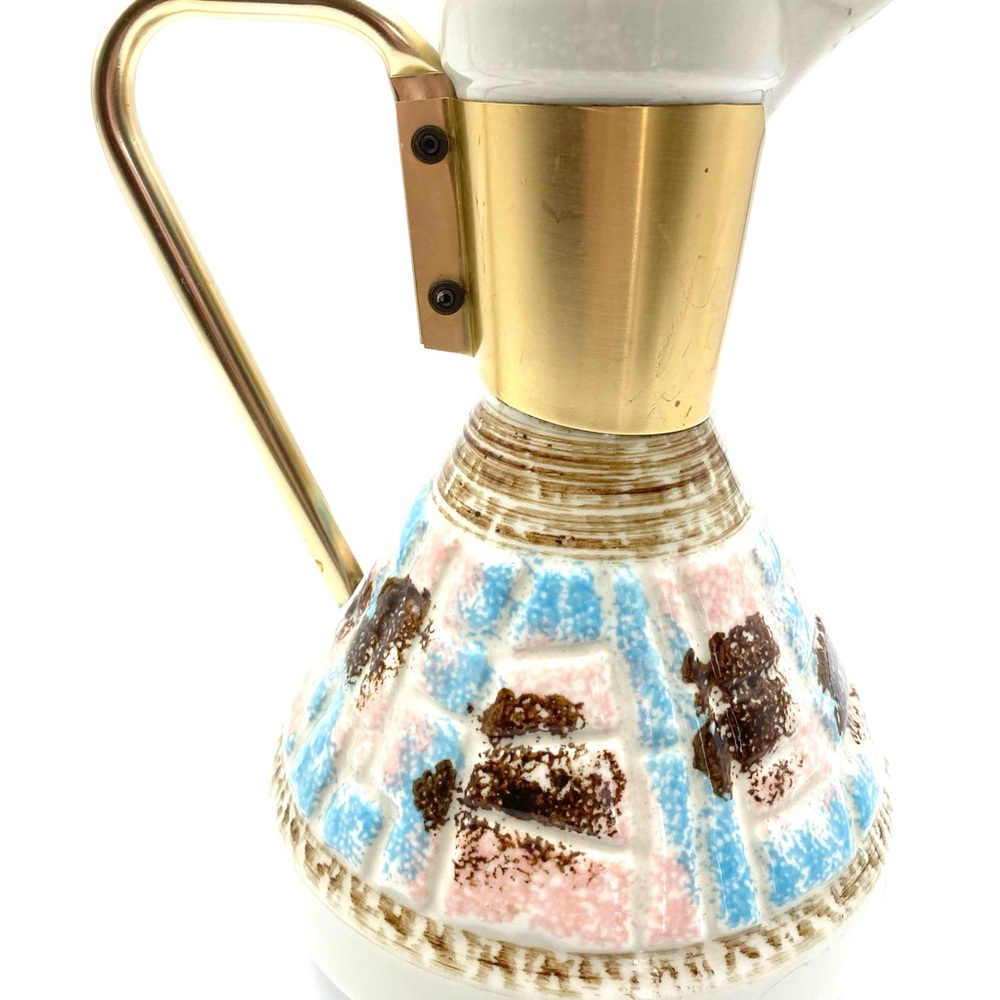 Mid Century Coffee Carafe Pot Pitcher, Pink, Blue, Brown Glaze, Metal Handle,